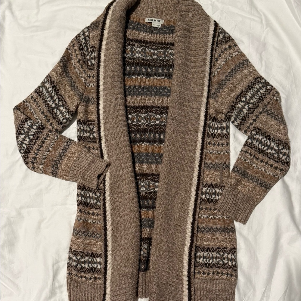 Orvis Taupe Multi-Patterned 55% Alpaca 45% Cotton Knit Cardigan, Small